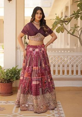 Wine Embroidered Russian Silk Lehenga Set