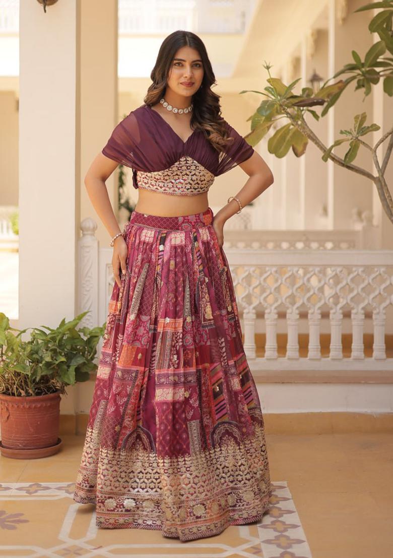 Wine Embroidered Russian Silk Lehenga Set