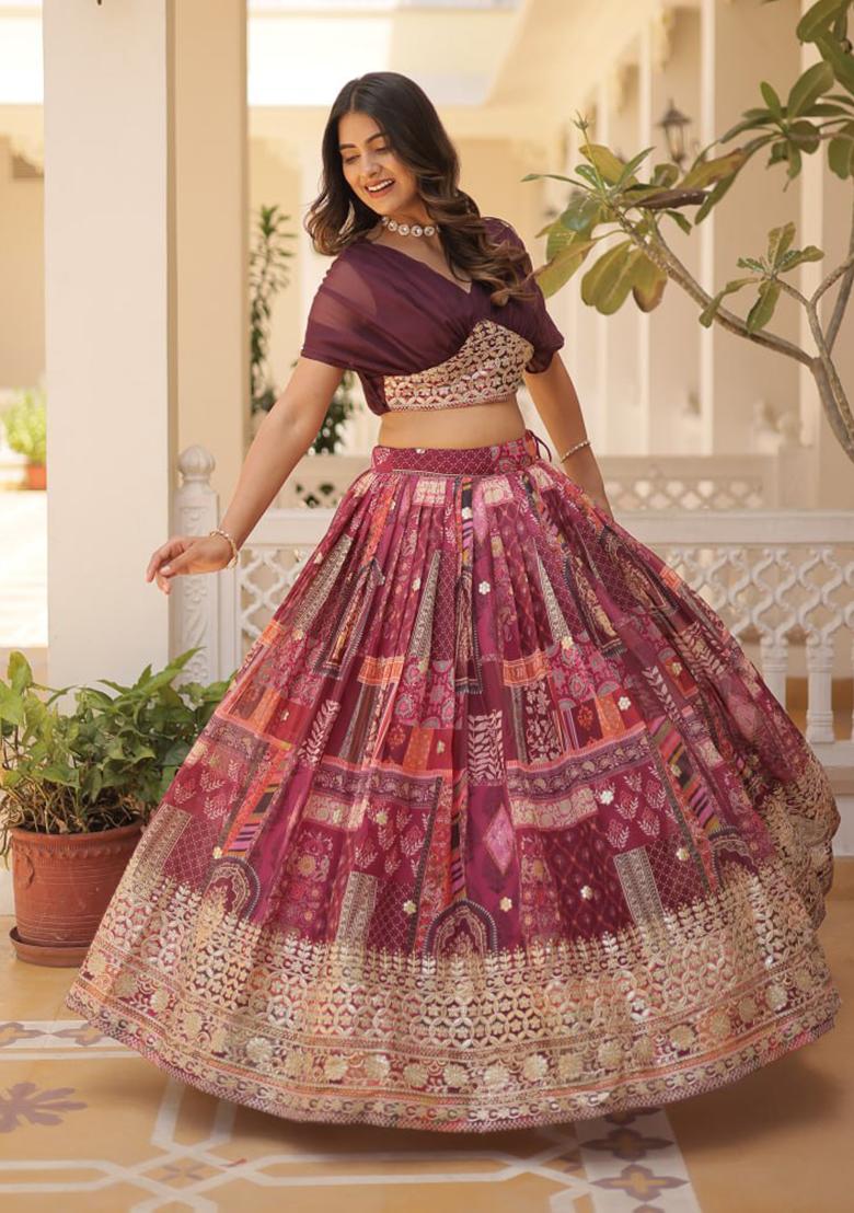 Wine Embroidered Russian Silk Lehenga Set