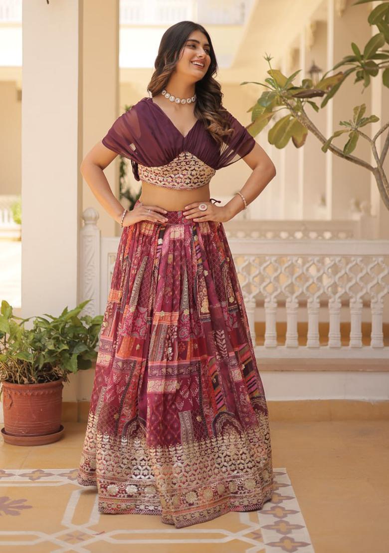Wine Embroidered Russian Silk Lehenga Set