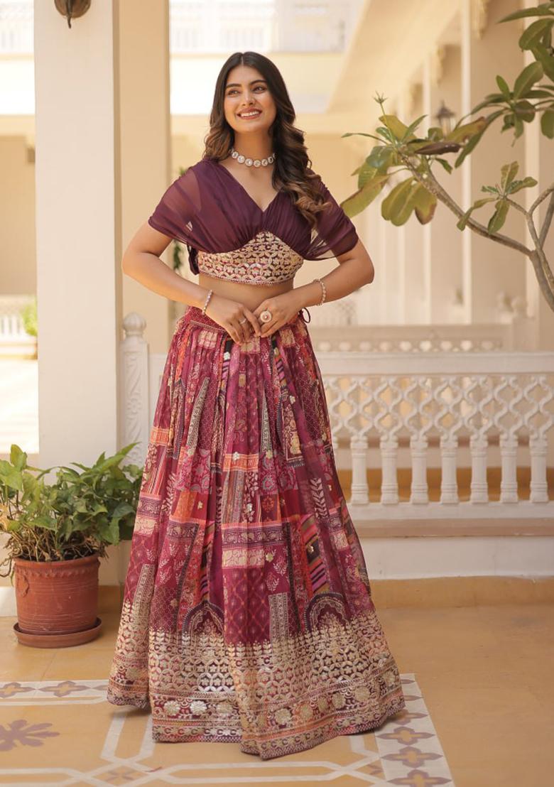 Wine Embroidered Russian Silk Lehenga Set