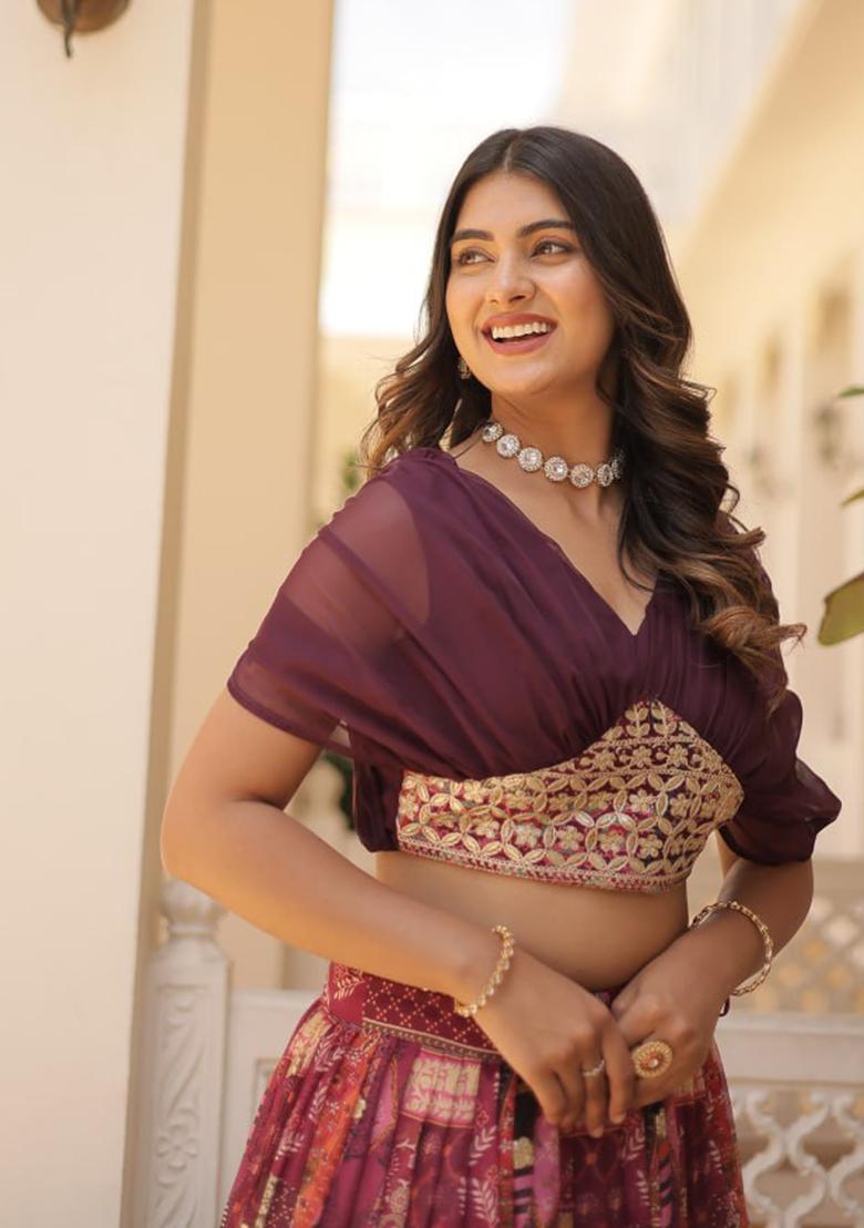 Wine Embroidered Russian Silk Lehenga Set