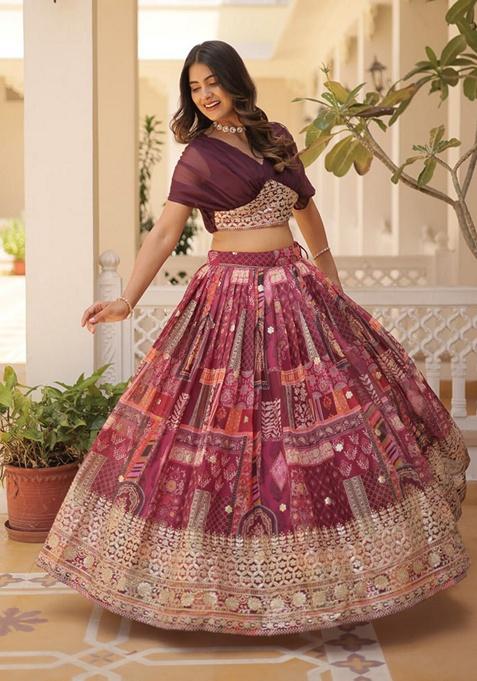 Wine Embroidered Russian Silk Lehenga Set