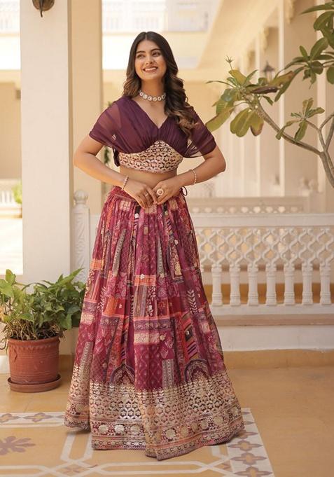 Wine Embroidered Russian Silk Lehenga Set