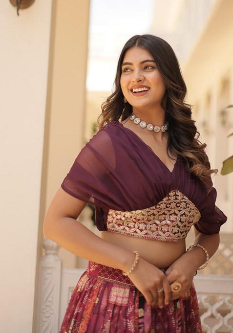 Wine Embroidered Russian Silk Lehenga Set