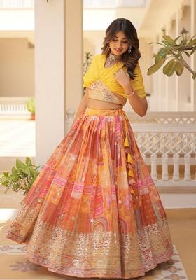Yellow Embroidered Russian Silk Lehenga Set