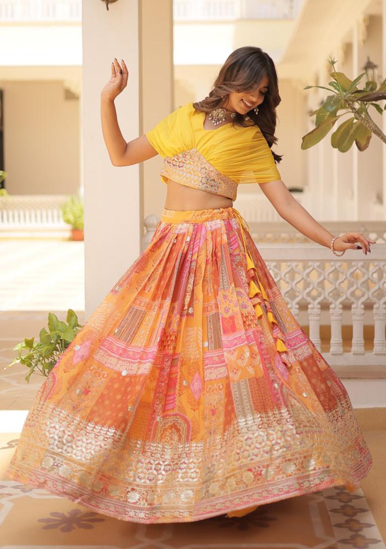 Yellow Embroidered Russian Silk Lehenga Set