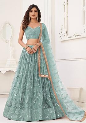 Ocean Blue Embroidered Net Lehenga Set