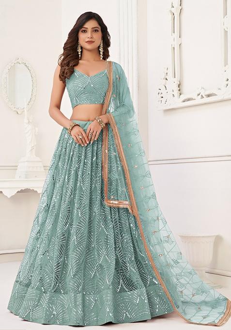 Ocean Blue Embroidered Net Lehenga Set