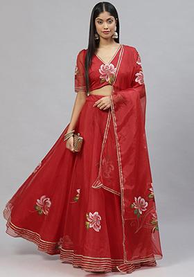 Red Printed Organza Lehenga set