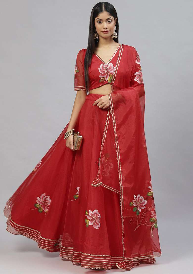 Red Printed Organza Lehenga set - Indya