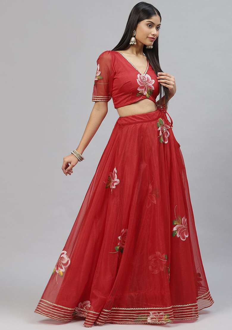 Red Printed Organza Lehenga set - Indya