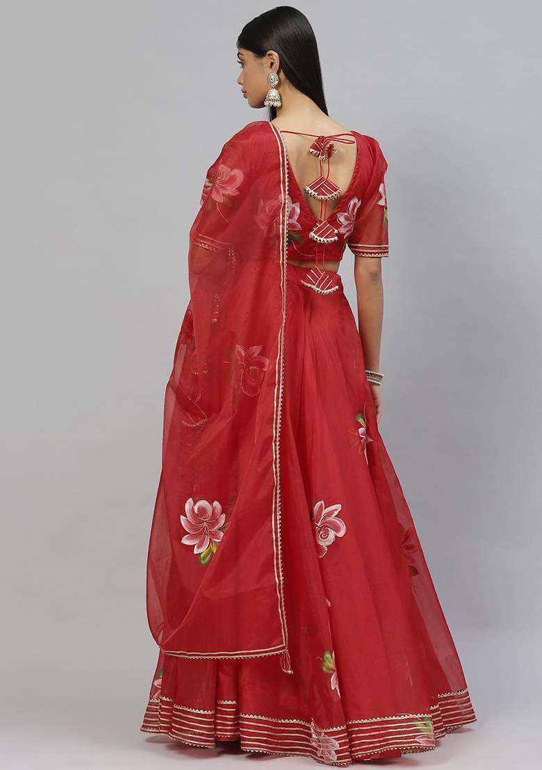 Red Printed Organza Lehenga set - Indya