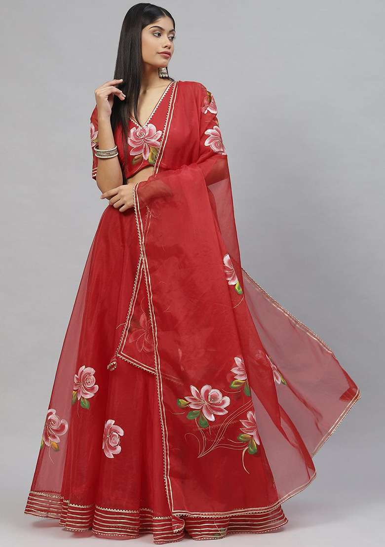 Red Printed Organza Lehenga set - Indya