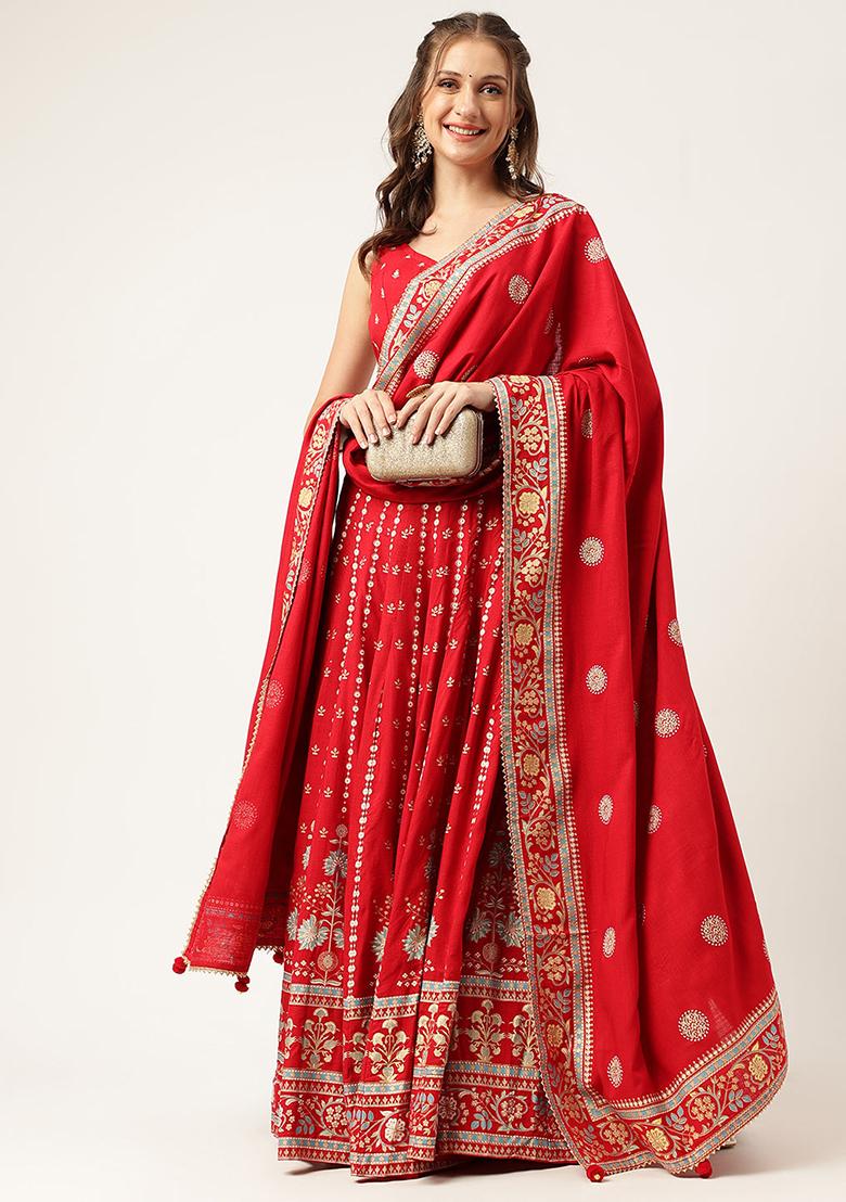 Maroon Ethnic Motifs Printed Rayon Lehenga set