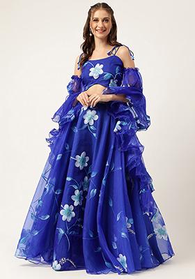 Blue Floral Print Organza Lehenga set
