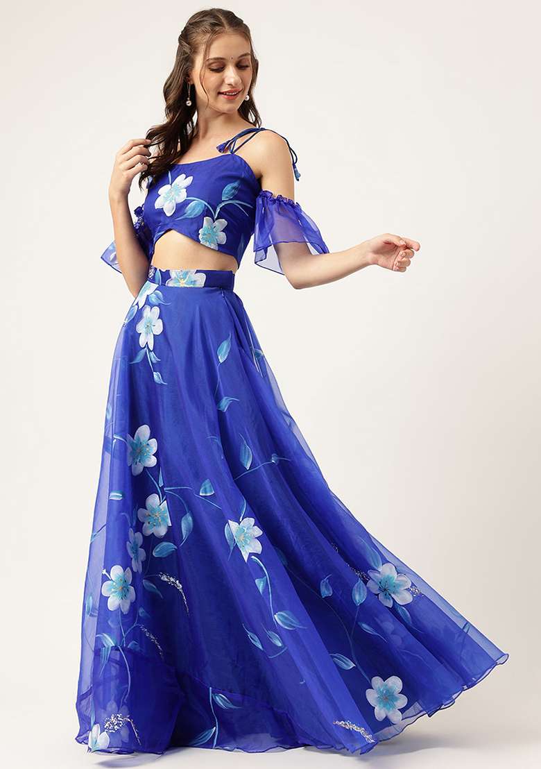 Blue Floral Print Organza Lehenga set for Diwali and Festive Wear - Indya