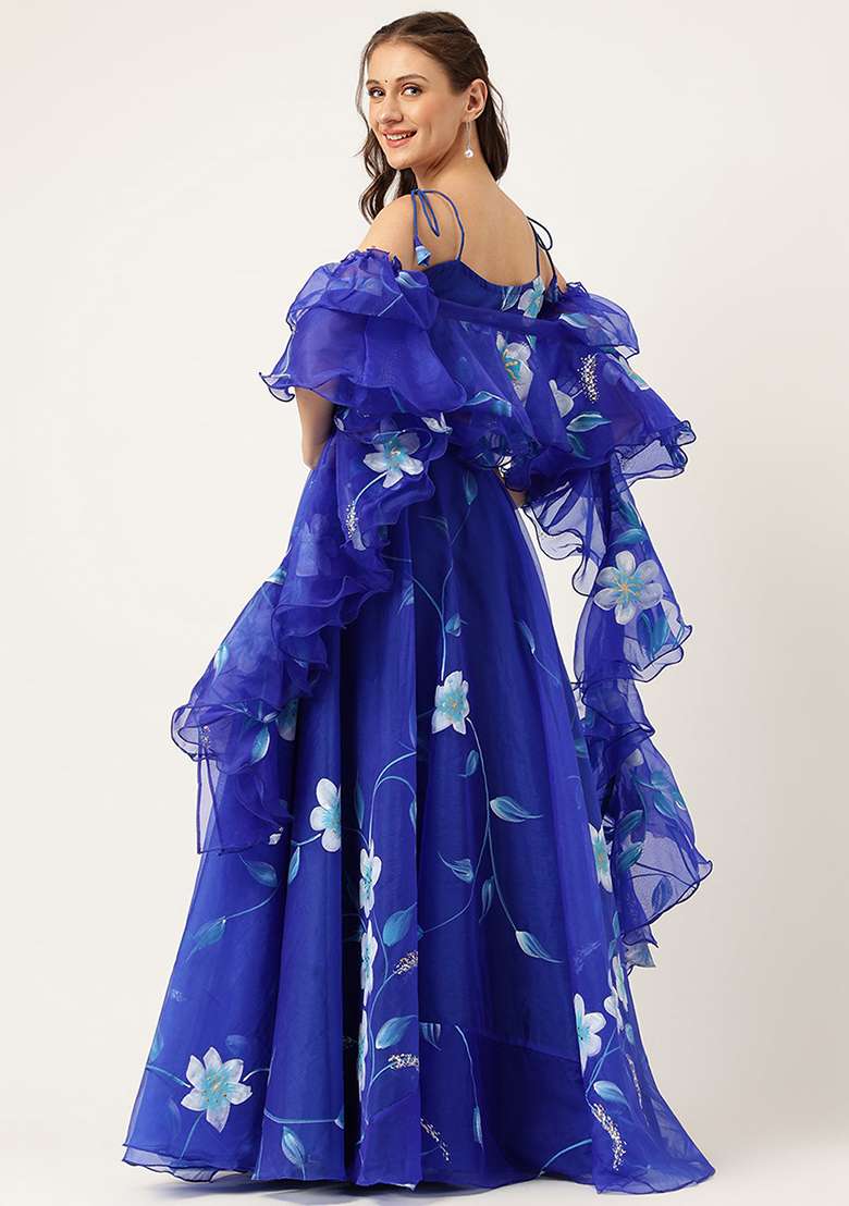 Blue Floral Print Organza Lehenga set for Diwali and Festive Wear - Indya