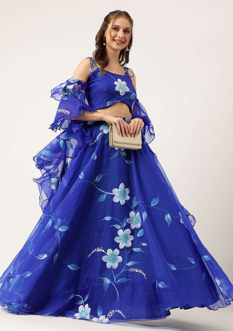Blue Floral Print Organza Lehenga set for Diwali and Festive Wear - Indya