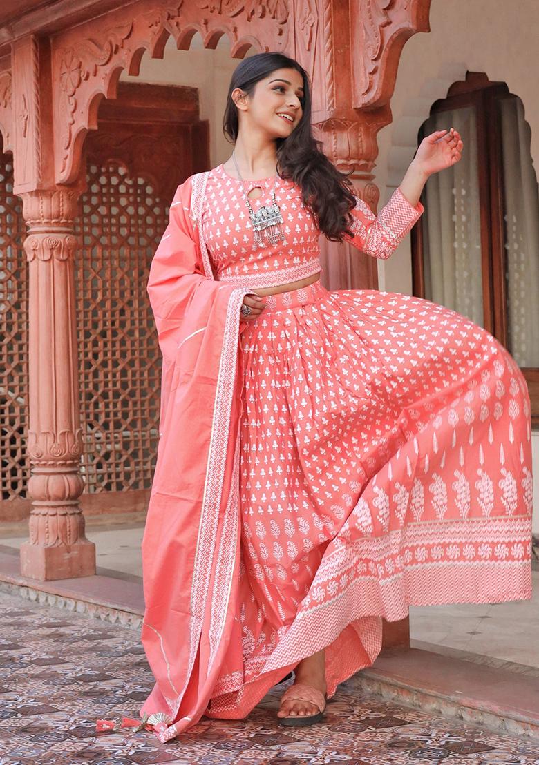 Pink Printed Cotton Lehenga set