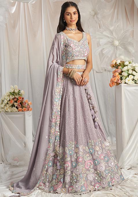 Mauve Embroidered Chinon Lehenga Set