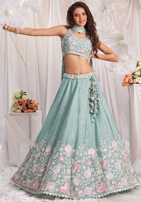 Sea Green Embroidered Chinon Lehenga Set