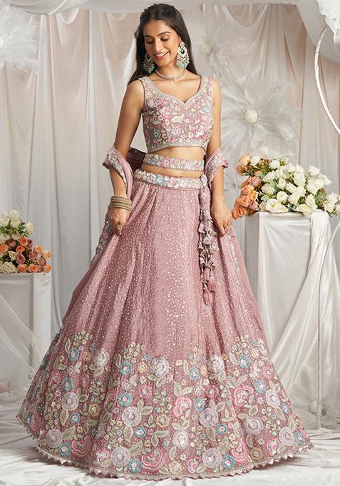 Rose Pink Embroidered Chinon Lehenga Set