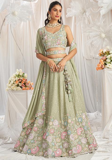 Lime Yellow Embroidered Organza Lehenga Set