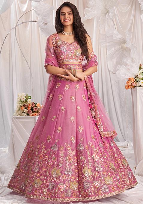 Pink Embroidered Organza Lehenga Set