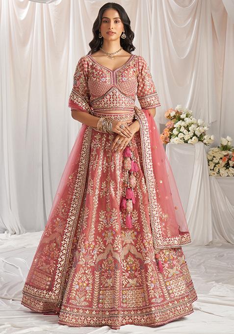 Rose Pink Embroidered Tissue Lehenga Set