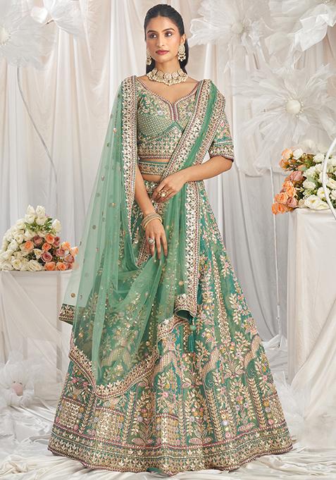 Sea Green Embroidered Tissue Lehenga Set