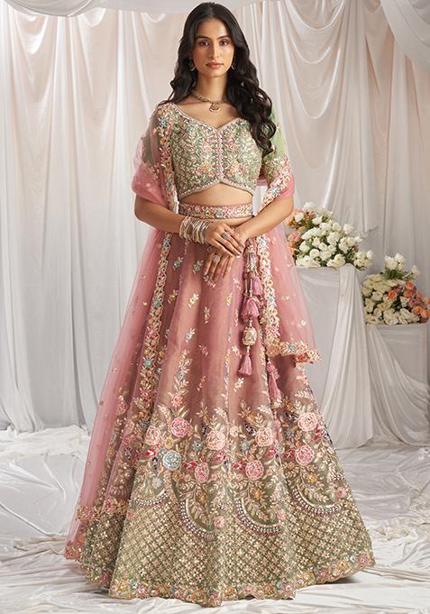 Sea Green Embroidered Tissue Lehenga Set