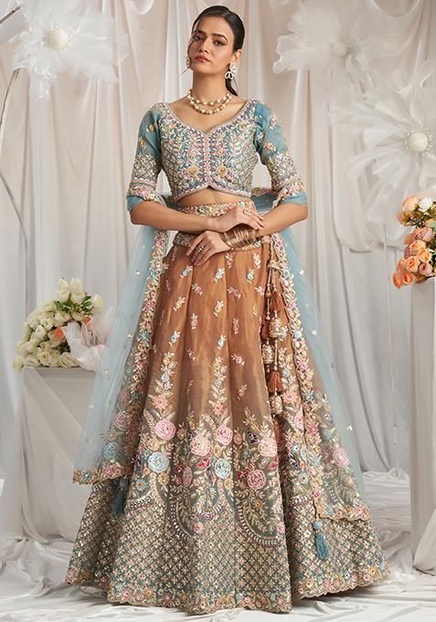 Turquoise Embroidered Tissue Lehenga Set