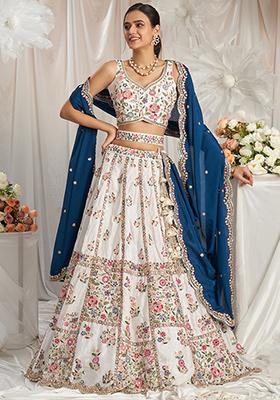 Cream Embroidered Georgette Lehenga Set