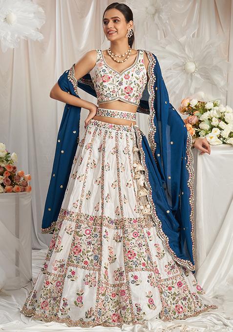 Cream Embroidered Georgette Lehenga Set