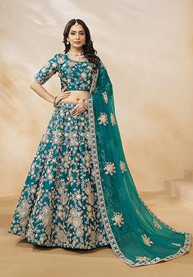 Turquoise Embroidered Art Silk Lehenga Set