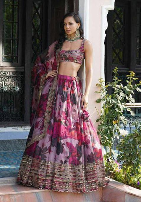 Pink Sequin Embroidered Organza Lehenga Set