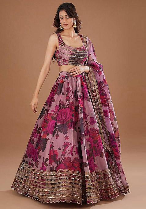 Pink Sequin Embroidered Organza Lehenga Set