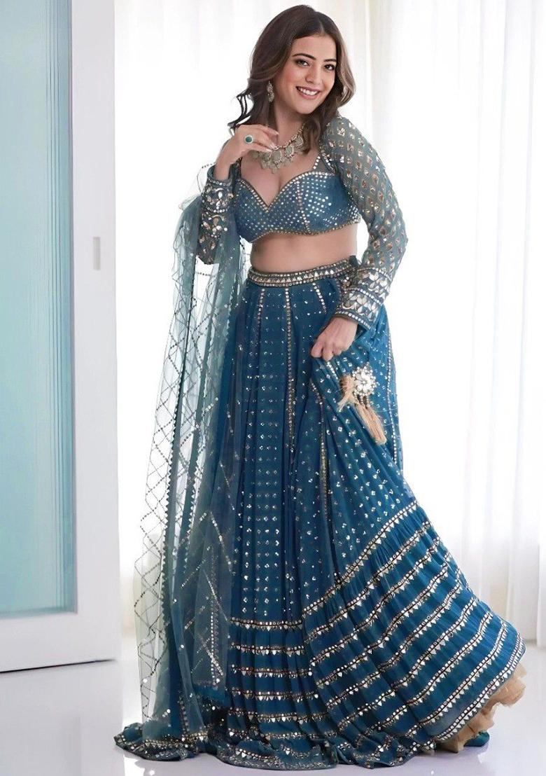 Blue Sequin Embroidered Faux Georgette Lehenga Set