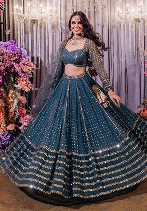 Blue Sequin Embroidered Faux Georgette Lehenga Set