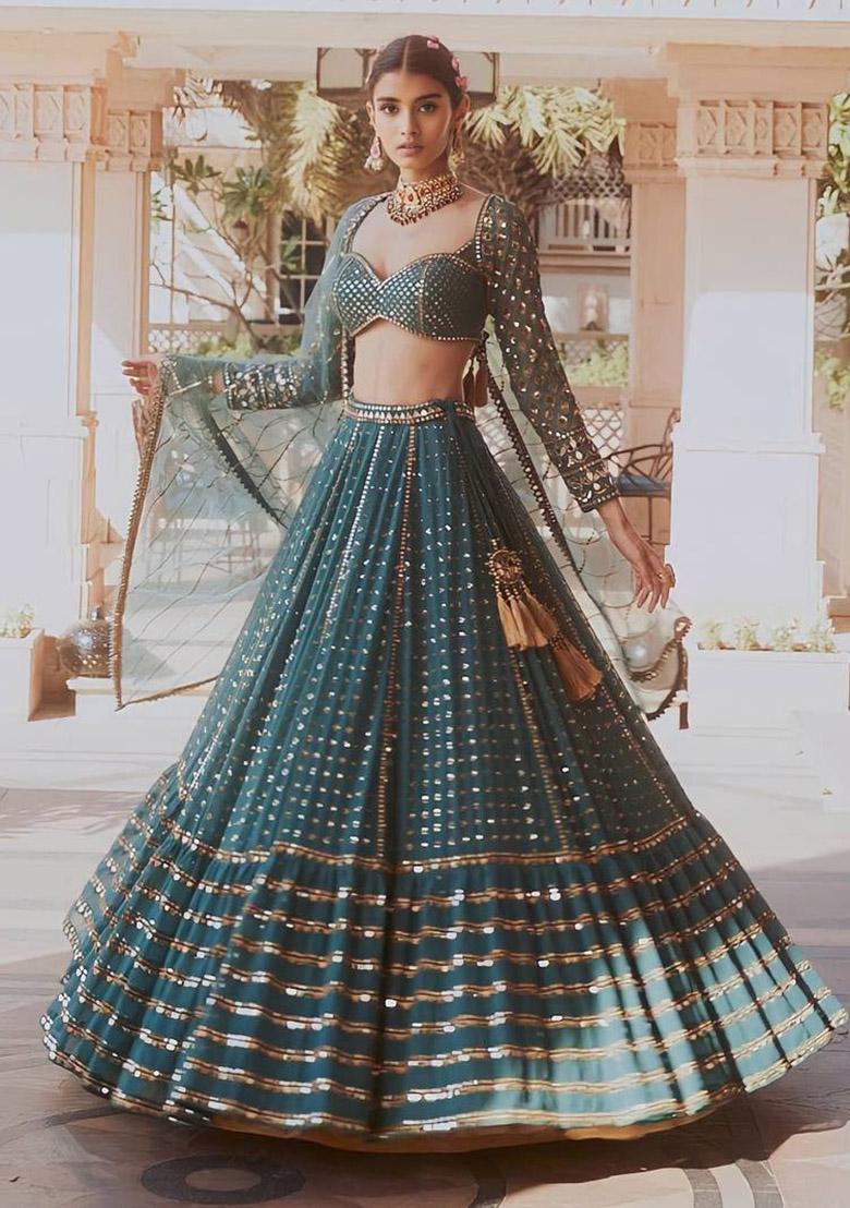Green Sequin Embroidered Faux Georgette Lehenga Set - Indya