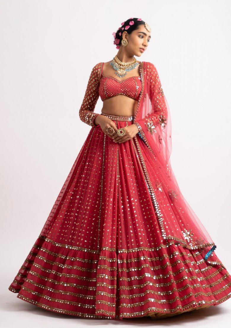 Red Sequin Embroidered Faux Georgette Lehenga Set