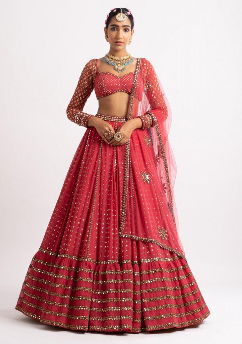 Red Sequin Embroidered Faux Georgette Lehenga Set