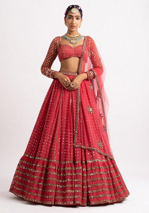 Red Sequin Embroidered Faux Georgette Lehenga Set