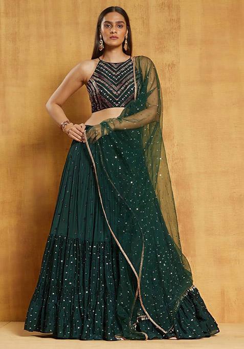 Green Sequin Embroidered Georgette Lehenga Set