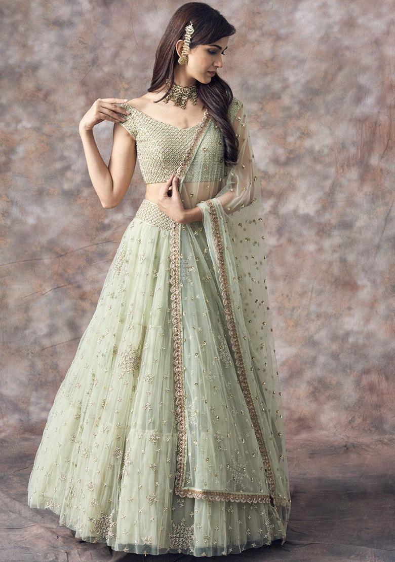 Light Green Sequin Embroidered Net Lehenga Set - Indya