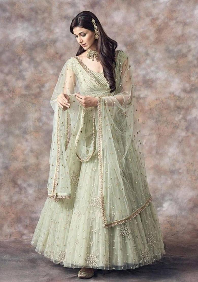 Light Green Sequin Embroidered Net Lehenga Set - Indya