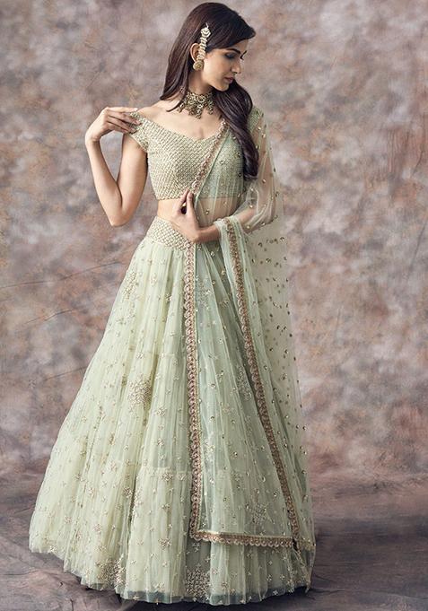 Light Green Sequin Embroidered Net Lehenga Set