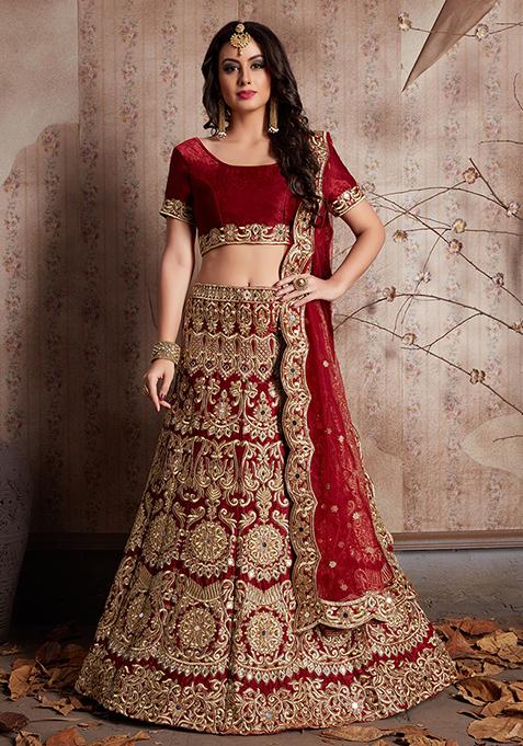 Maroon Sequin Embroidered Velvet Lehenga Set