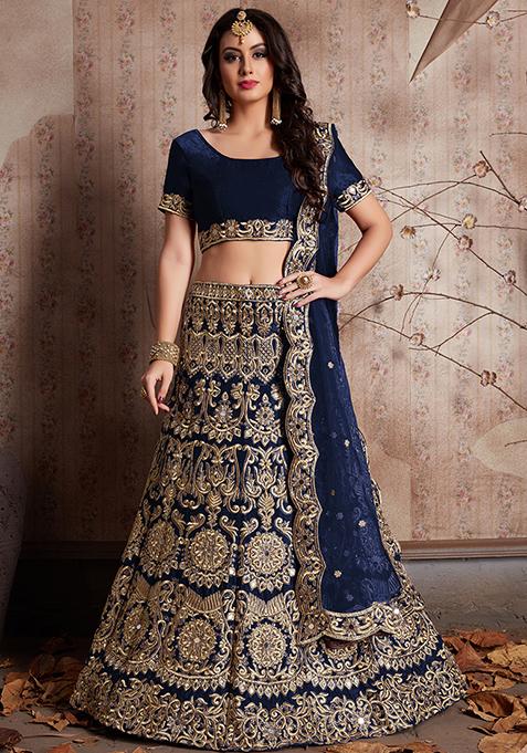 Navy Blue Sequin Embroidered Velvet Lehenga Set